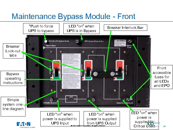 Maintenance Bypass Module - Front “Push to force UPS to bypass LED “on” when