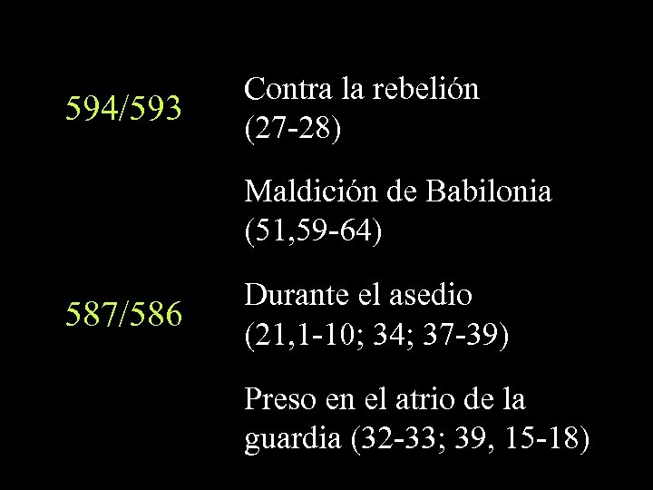 594/593 Contra la rebelión (27 -28) Maldición de Babilonia (51, 59 -64) 587/586 Durante