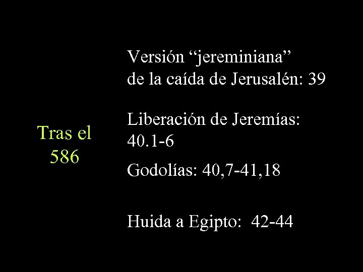 Versión “jereminiana” de la caída de Jerusalén: 39 Tras el 586 Liberación de Jeremías: