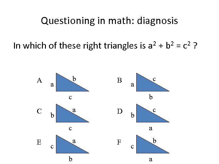 Questioning in math: diagnosis In which of these right triangles is a 2 +