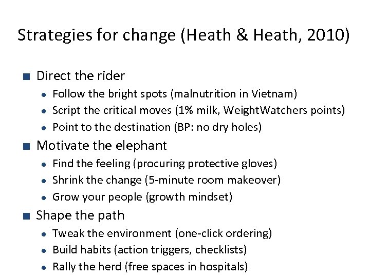 Strategies for change (Heath & Heath, 2010) ■ Direct the rider Follow the bright