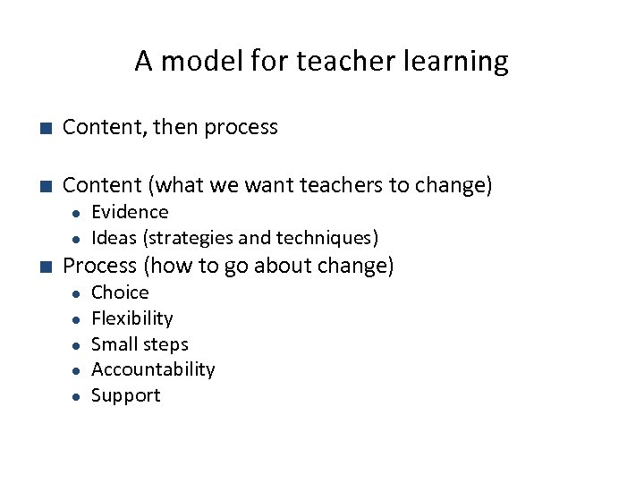 A model for teacher learning ■ Content, then process ■ Content (what we want