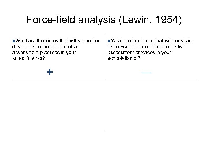 Force-field analysis (Lewin, 1954) ■What are the forces that will support or drive the