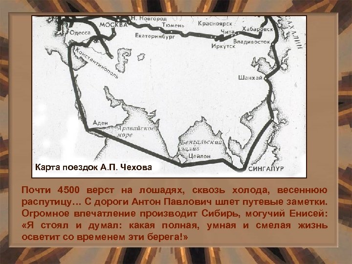 Карта поездок А. П. Чехова Почти 4500 верст на лошадях, сквозь холода, весеннюю распутицу…