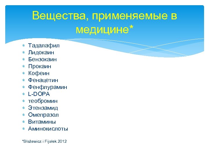 Вещества, применяемые в медицине* Тадалафил Лидокаин Бензокаин Прокаин Кофеин Фенацетин Фенфлурамин L-DOPA теобромин Этензамид