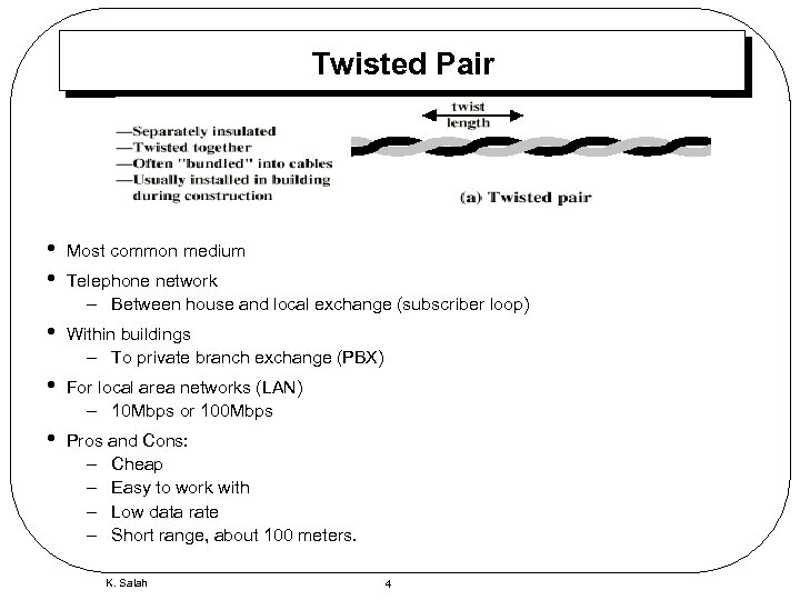 Twisted Pair • • Most common medium • Within buildings – To private branch