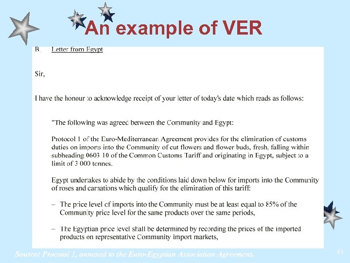 An example of VER Source: Procotol 1, annexed to the Euro-Egyptian Association Agreement. 63