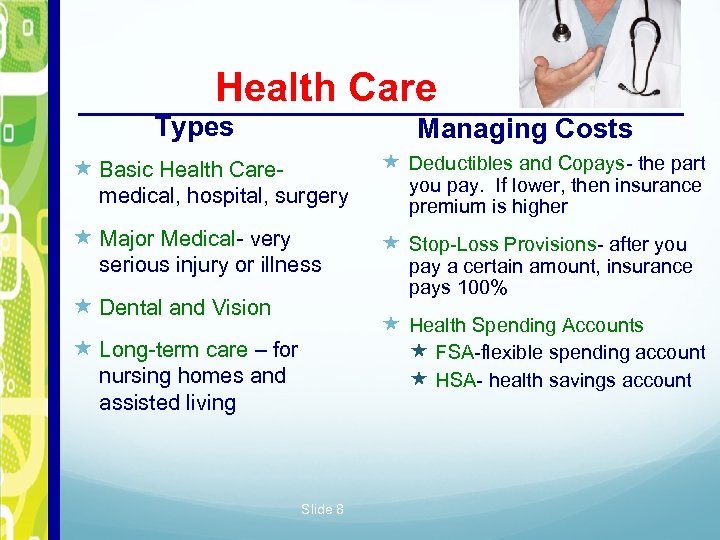 Health Care Types Managing Costs Deductibles and Copays- the part Basic Health Caremedical, hospital,