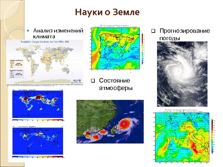 Науки о Земле Анализ изменений климата q q Состояние атмосферы Прогнозирование погоды 