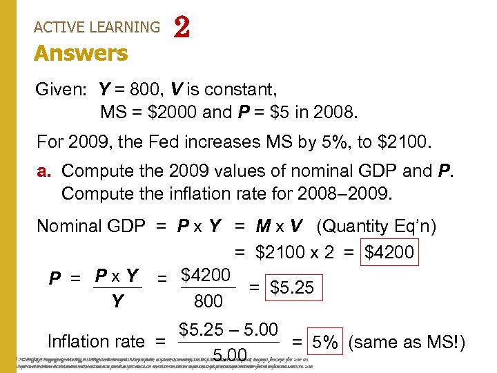 ACTIVE LEARNING Answers 2 Given: Y = 800, V is constant, MS = $2000