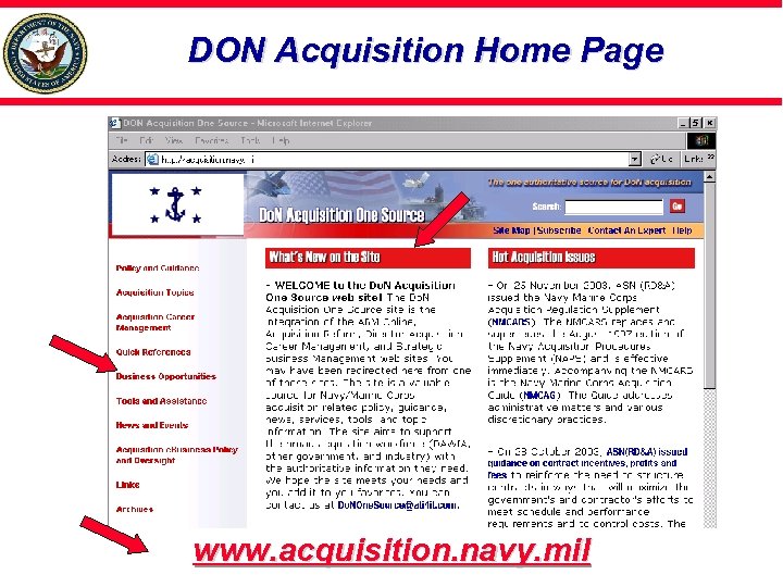 DON Acquisition Home Page www. acquisition. navy. mil 
