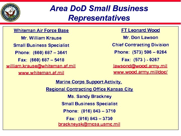 Area Do. D Small Business Representatives Whiteman Air Force Base FT Leonard Wood Mr.