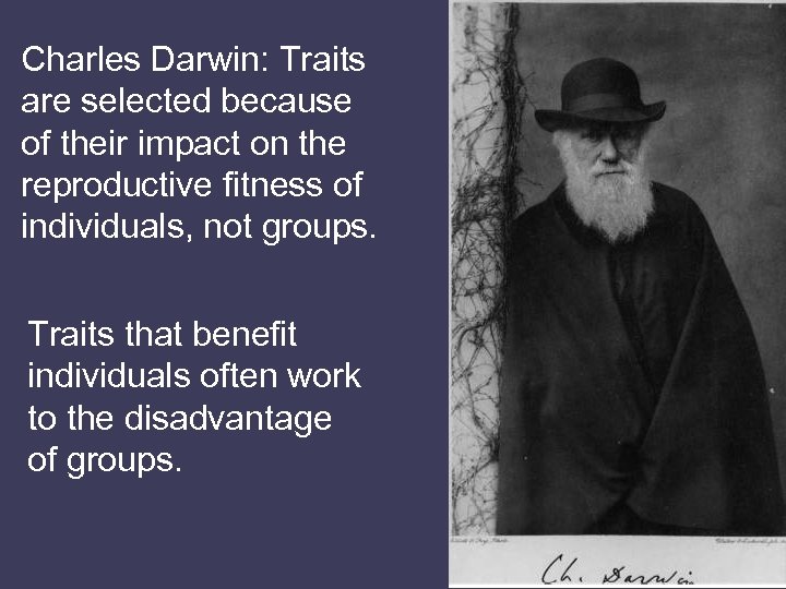 Charles Darwin: Traits are selected because of their impact on the reproductive fitness of