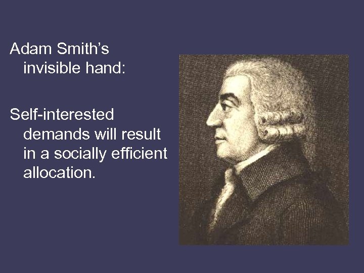 Adam Smith’s invisible hand: Self-interested demands will result in a socially efficient allocation. 