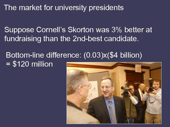 The market for university presidents Suppose Cornell’s Skorton was 3% better at fundraising than