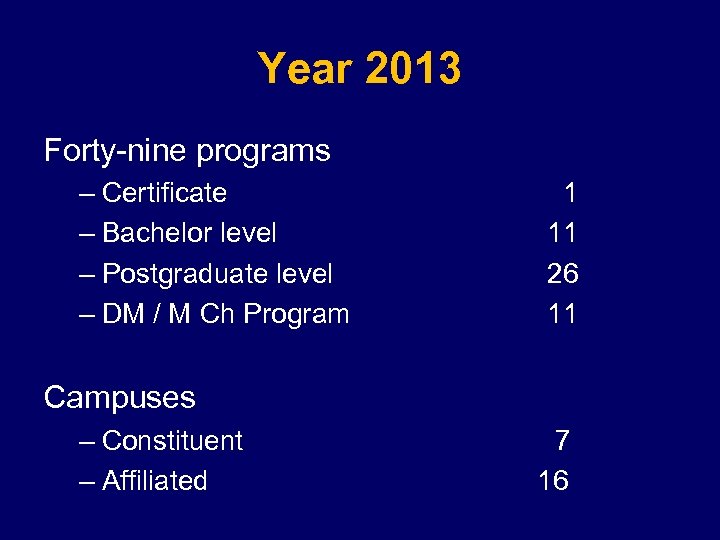 Year 2013 Forty-nine programs – Certificate – Bachelor level – Postgraduate level – DM