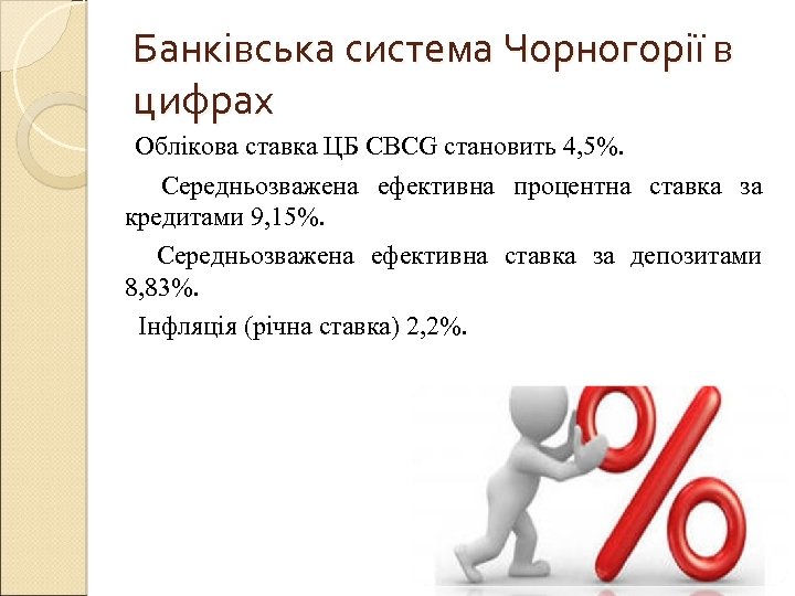 Банківська система Чорногорії в цифрах Облікова ставка ЦБ CBCG становить 4, 5%. Середньозважена ефективна