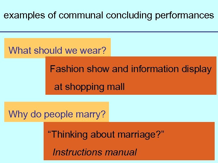 examples of communal concluding performances What should we wear? Fashion show and information display