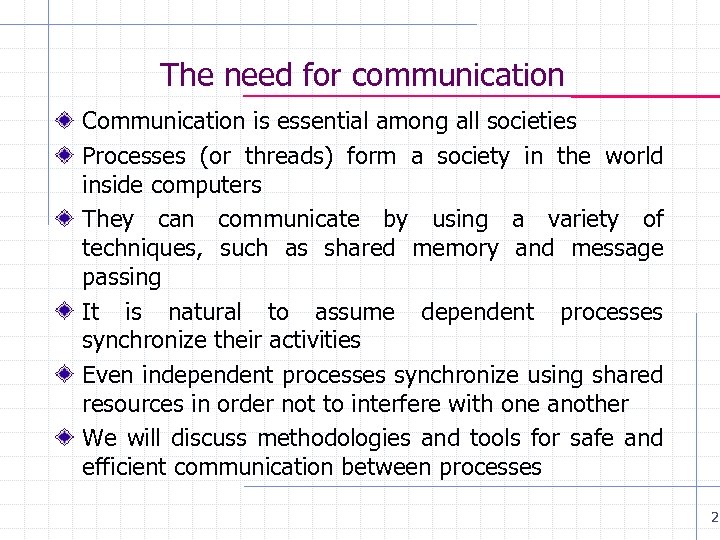 The need for communication Communication is essential among all societies Processes (or threads) form