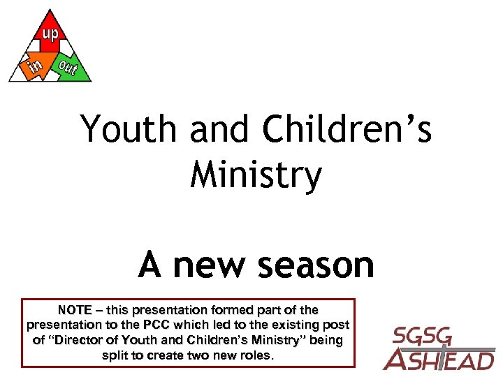 Youth and Children’s Ministry A new season NOTE – this presentation formed part of