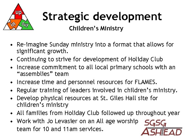 Strategic development Children’s Ministry • Re-imagine Sunday ministry into a format that allows for