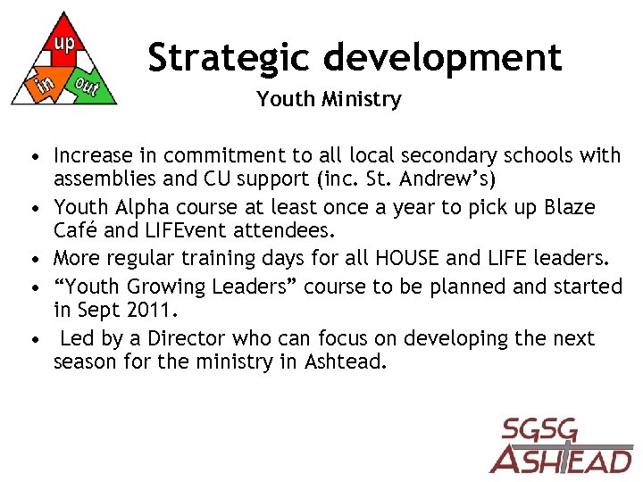 Strategic development Youth Ministry • Increase in commitment to all local secondary schools with