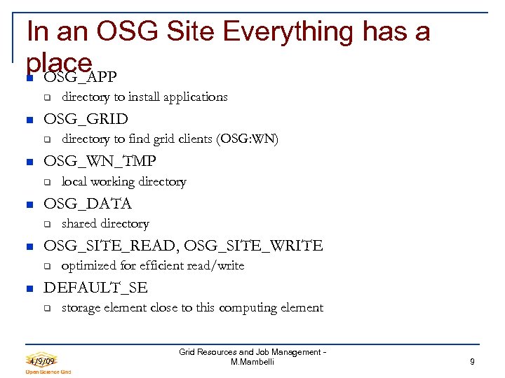 In an OSG Site Everything has a place OSG_APP OSG_GRID shared directory OSG_SITE_READ, OSG_SITE_WRITE