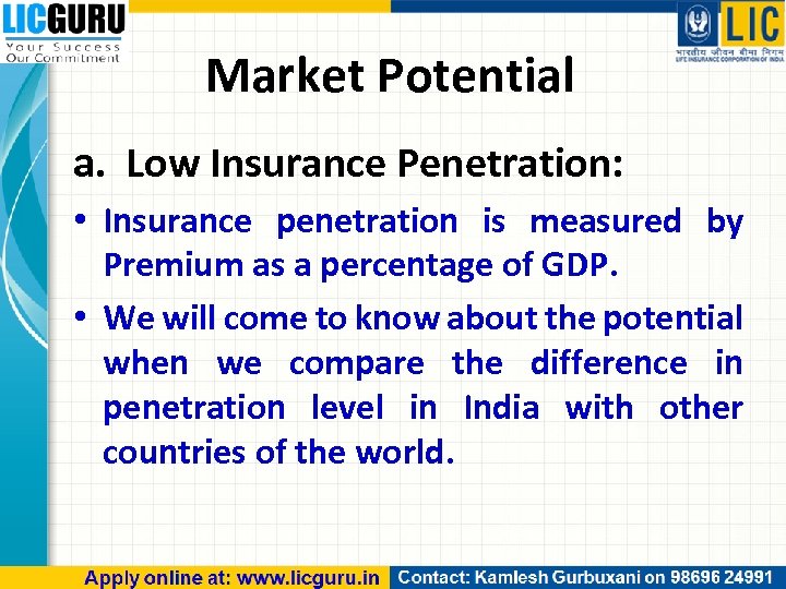 Market Potential a. Low Insurance Penetration: • Insurance penetration is measured by Premium as