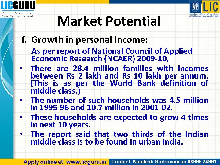 Market Potential f. Growth in personal Income: • • As per report of National