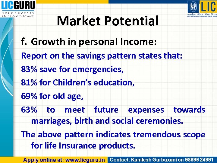 Market Potential f. Growth in personal Income: Report on the savings pattern states that: