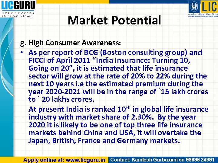 Market Potential g. High Consumer Awareness: • As per report of BCG (Boston consulting