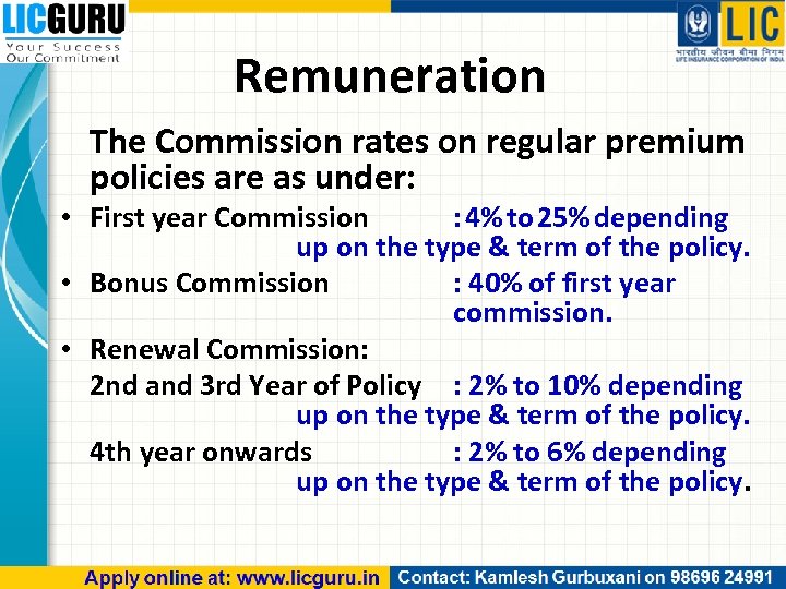 Remuneration The Commission rates on regular premium policies are as under: • First year