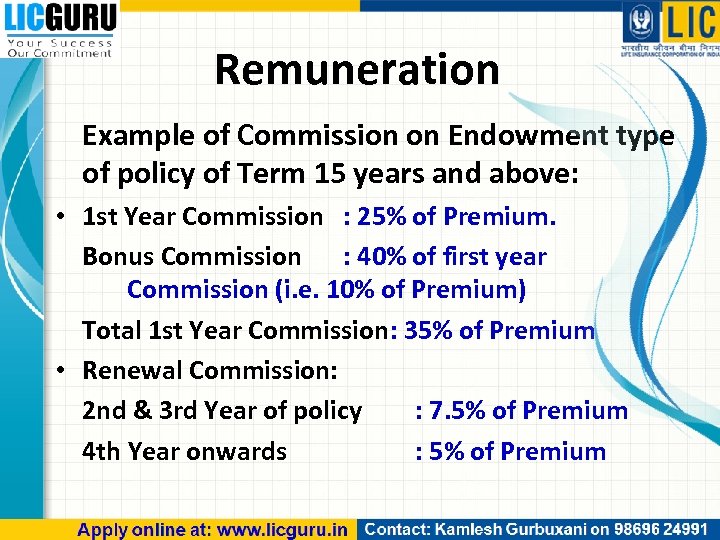 Remuneration Example of Commission on Endowment type of policy of Term 15 years and