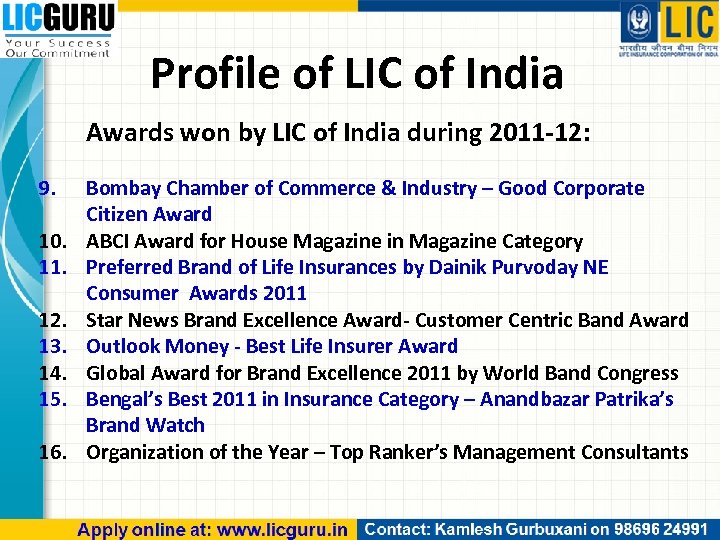 Profile of LIC of India Awards won by LIC of India during 2011 -12: