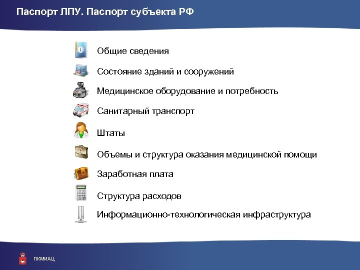 Паспорт ЛПУ. Паспорт субъекта РФ Общие сведения Состояние зданий и сооружений Медицинское оборудование и