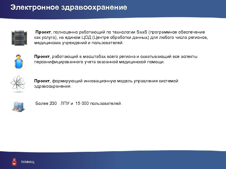 Электронное здравоохранение Проект, полноценно работающий по технологии Saa. S (программное обеспечение как услуга), на