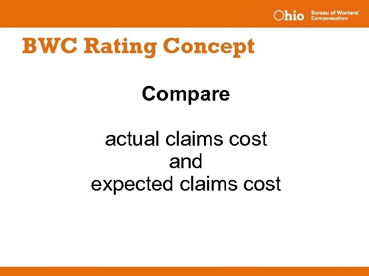 BWC Rating Concept Compare actual claims cost and expected claims cost 