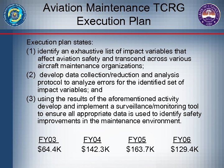 Aviation Maintenance TCRG Execution Plan Execution plan states: (1) identify an exhaustive list of