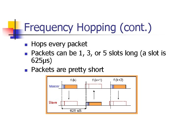 Frequency Hopping (cont. ) n n n Hops every packet Packets can be 1,