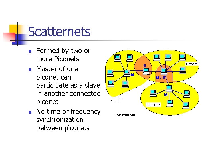 Scatternets n n n Formed by two or more Piconets Master of one piconet