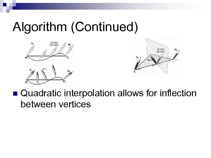 Algorithm (Continued) n Quadratic interpolation allows for inflection between vertices 