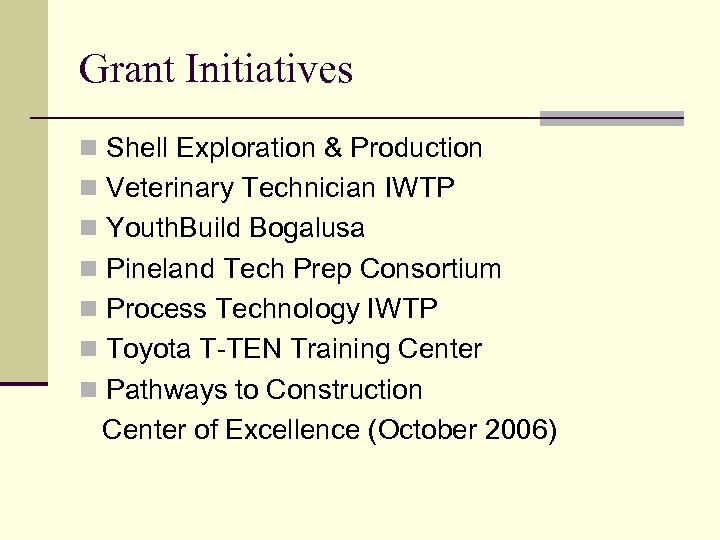 Grant Initiatives n Shell Exploration & Production n Veterinary Technician IWTP n Youth. Build