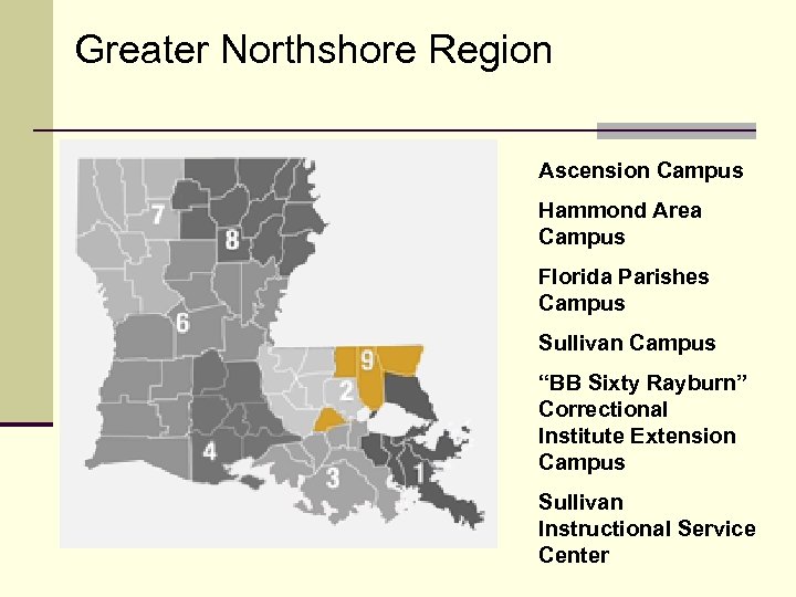 Greater Northshore Region Ascension Campus Hammond Area Campus Florida Parishes Campus Sullivan Campus “BB