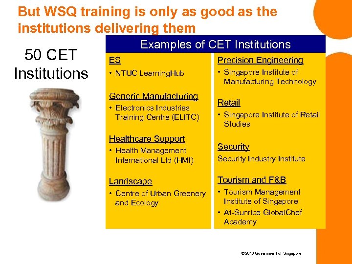 But WSQ training is only as good as the institutions delivering them 50 CET