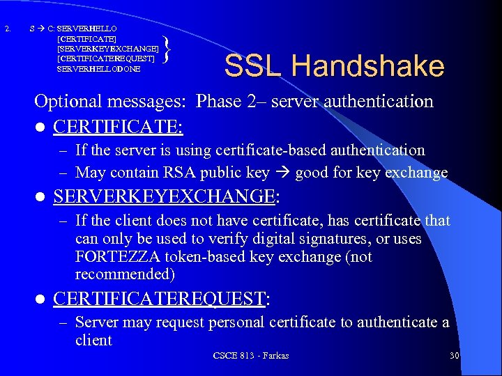 2. S C: SERVERHELLO [CERTIFICATE] [SERVERKEYEXCHANGE] [CERTIFICATEREQUEST] SERVERHELLODONE } SSL Handshake Optional messages: Phase