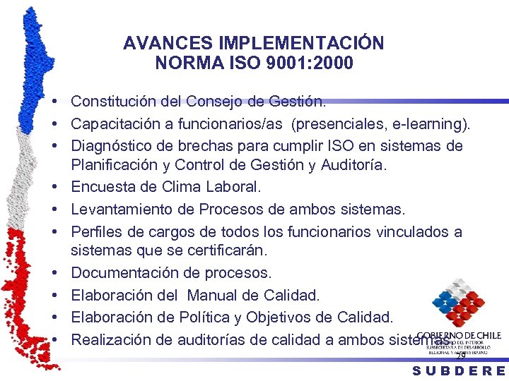 AVANCES IMPLEMENTACIÓN NORMA ISO 9001: 2000 • Constitución del Consejo de Gestión. • Capacitación