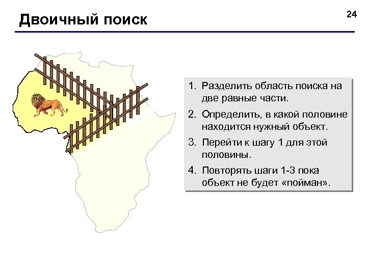 24 Двоичный поиск 1. Разделить область поиска на две равные части. 2. Определить, в