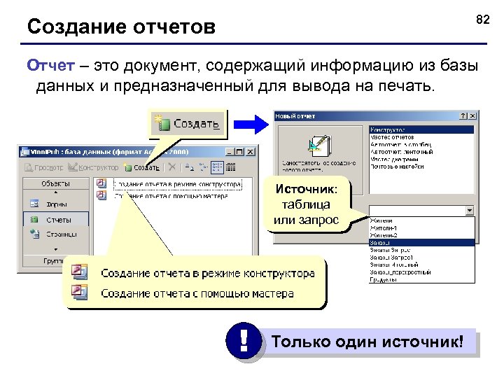 82 Создание отчетов Отчет – это документ, содержащий информацию из базы данных и предназначенный