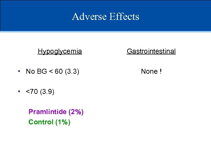 Adverse Effects Hypoglycemia • No BG < 60 (3. 3) • <70 (3. 9)