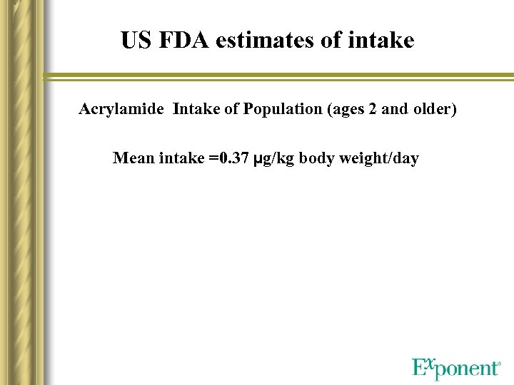 US FDA estimates of intake Acrylamide Intake of Population (ages 2 and older) Mean